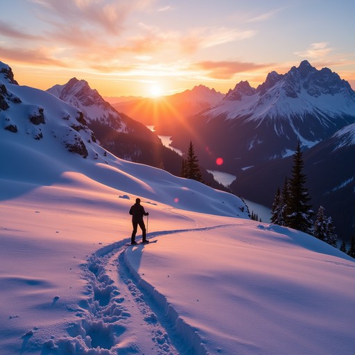 Skitourengeher genießt den Sonnenaufgang über verschneiten Berggipfeln